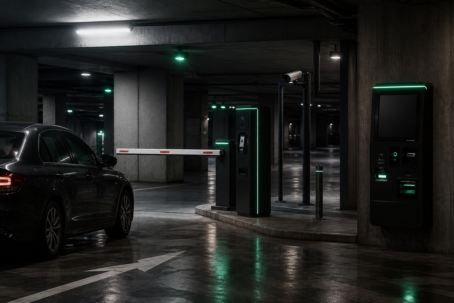 Garage entrance with entry unit, barrier and camera